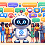 Create an image with a 3:2 aspect ratio, in a cheerful animated style. Depict OpenAI's ChatGPT as a friendly robot in the center of the image. The robot is interacting with various colorful bubbles of text and symbols around it representing ads, and clearly separated from its main responses. In the background, display different members of the public: a Caucasian female student, an Afro-American male professional, a Hispanic elderly woman, a Middle-Eastern young boy, and a South-Asian businesswoman, all representing diverse users. Emphasize the settings being friendly and non-intrusive, with a sign indicating 'no ad personalization' and '18+ only'. Present an 'OpenAI' flag somewhere in the scene. Remember, no direct references to copyrighted characters, designs, or logos should be present.