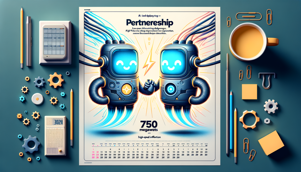 Create an illustration depicting a partnership between two tech entities represented as stylized, friendly machines working together. The illustration should be light, positive and in 3:2 aspect ratio. One entity symbolizes OpenAI and the other represents Cerebras. Light bolts signifying 750 megawatts of power interconnect the two symbols, highlighting their mutual collaboration in AI technology. The dynamic is set to look like high-speed AI inference. The materials used are advanced and give off an impression of a high-speed solution, incorporating subtle elements to suggest these devices are faster than GPU-based systems. Make the lifetime of the deployment visible as a calendar starting from 2026.