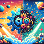 Create an illustration in a bright, optimistic style, maintaining a 3:2 aspect ratio, influenced by a styling featuring exaggerated characters, vibrant colors, and detailed environments. The image should represent the merging of two entities symbolizing a space corporation and an artificial intelligence company. Show cogs and gears within these entities to symbolize the innovative combining of technologies. Include a background of space, with planets and stars, to represent the goal of space exploration. Lastly, add a computer chip-like structure floating around, indicating the AI integration, and a rocketship signifying the space venture.